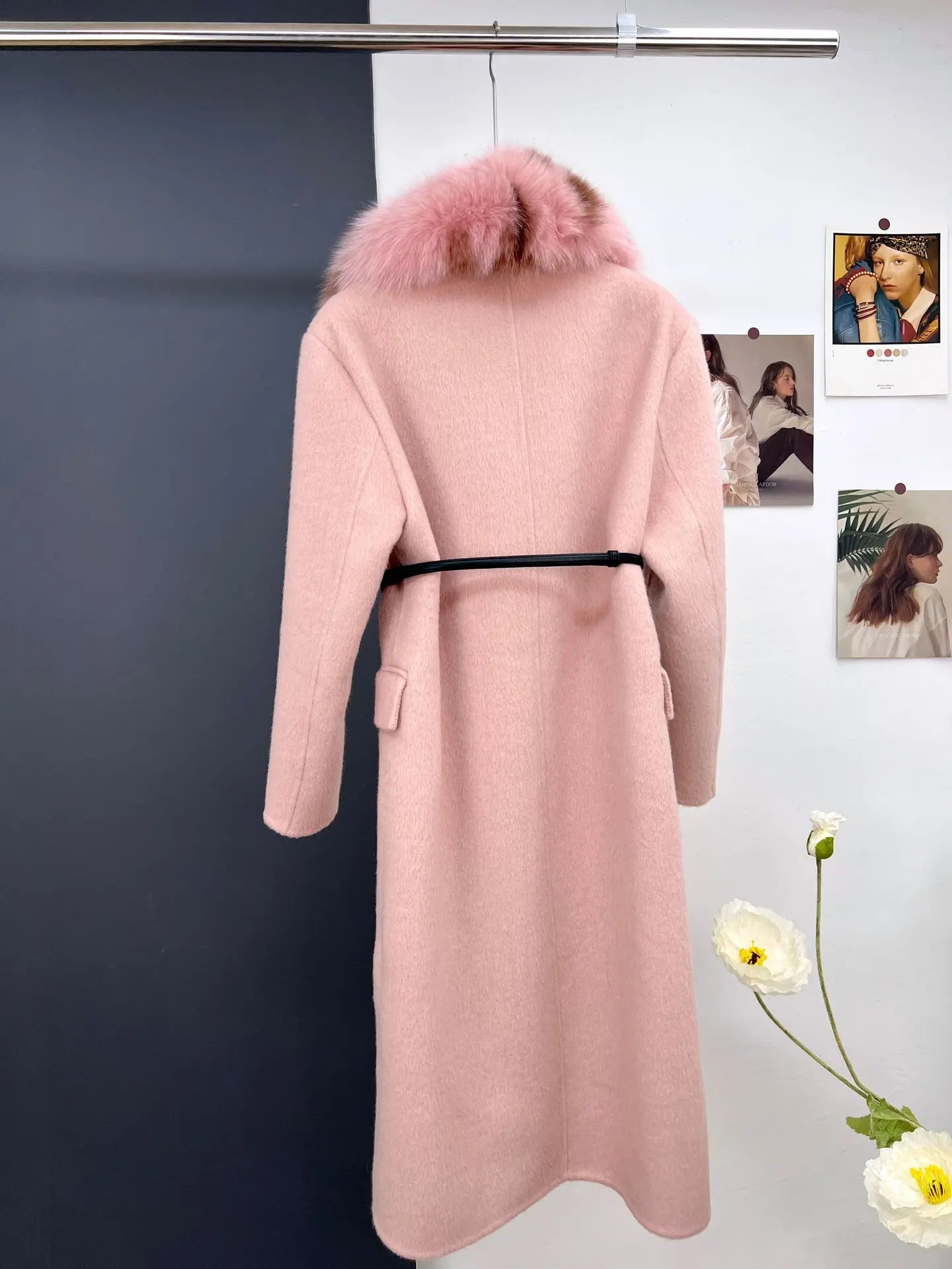 women's luxury wool coat long patchwork design with detachable fox fur
