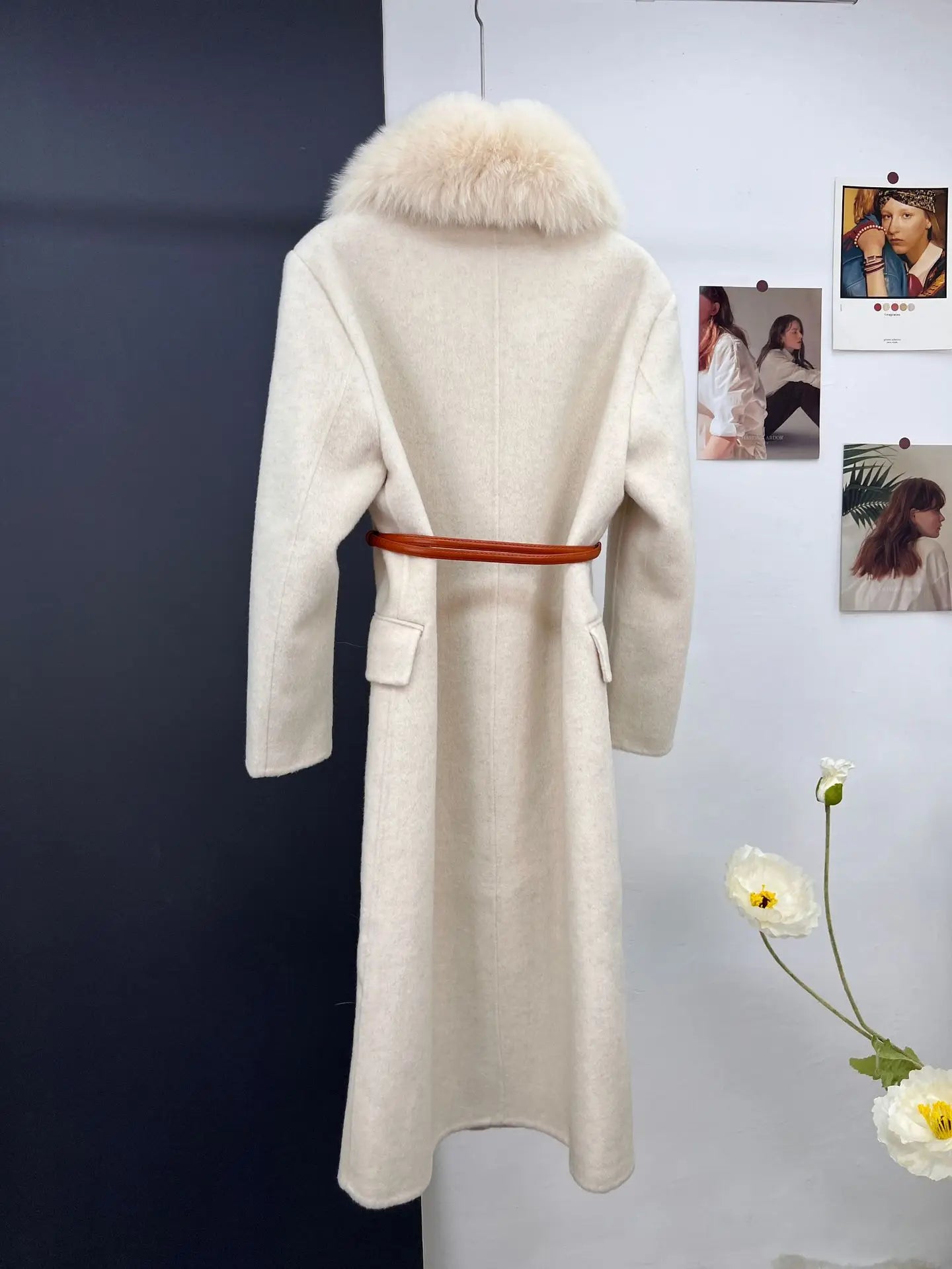 women's luxury wool coat long patchwork design with detachable fox fur