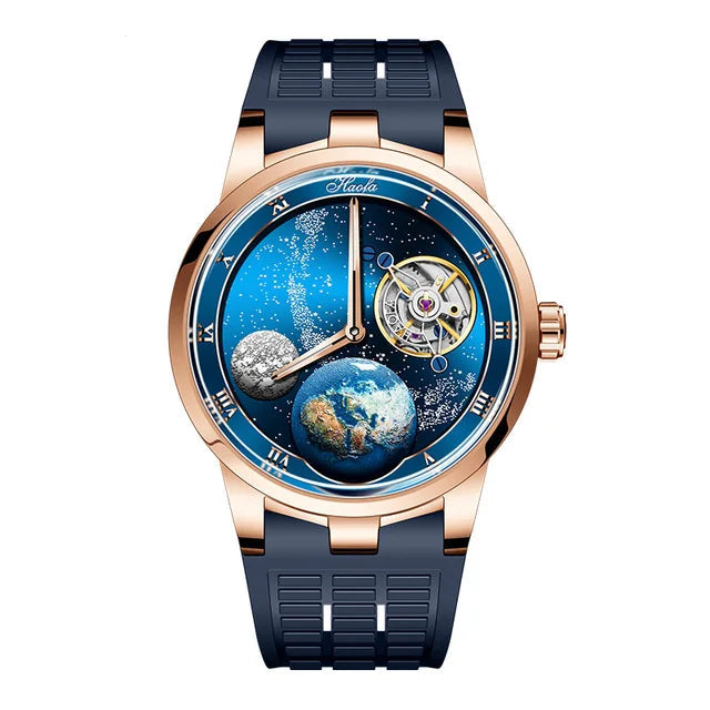 Haola Tourbillon watch with blue face and rose gold accents on a white background