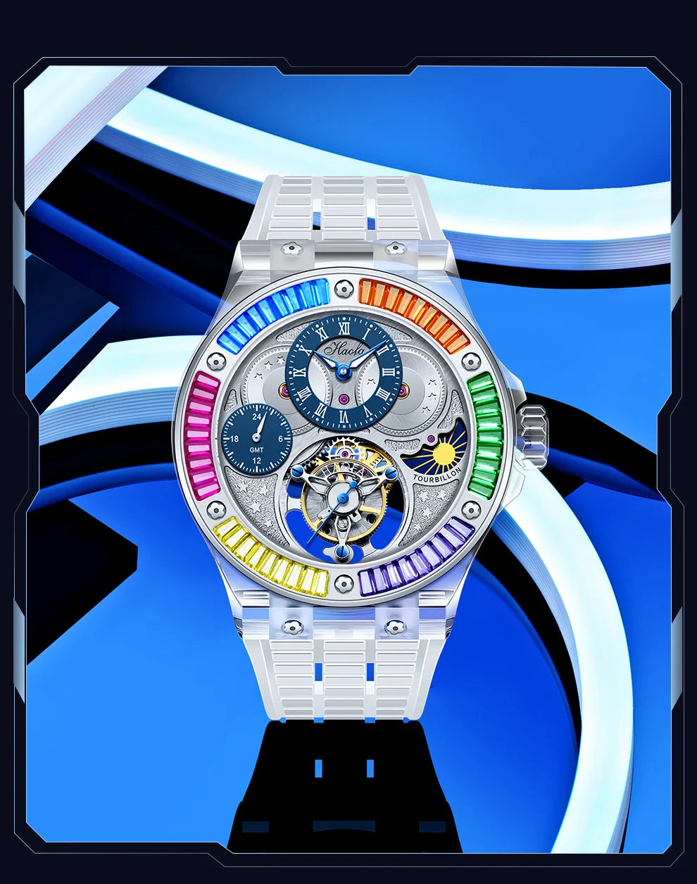 Haofa k9 watermelon crystal watch luxury skeleton tourbillon watch with sapphire glass