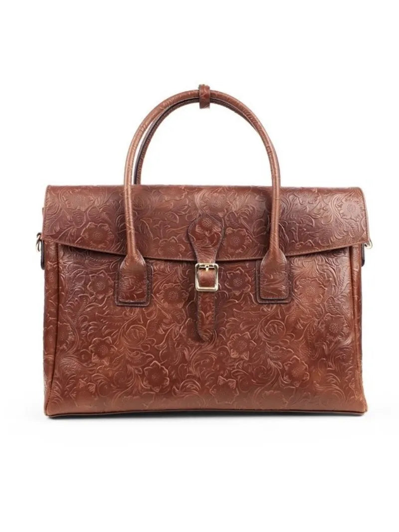 Vintage flower carved leather bag single shoulder briefcase & business satchel