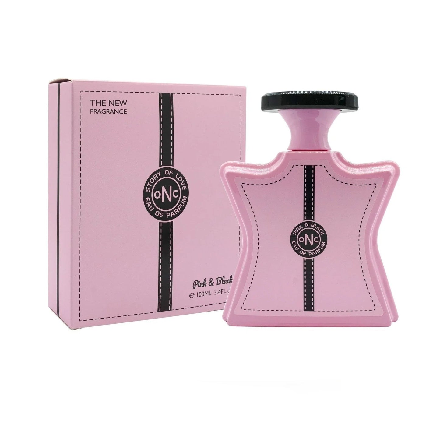 Pink perfume bottle and packaging with 'NC' branding on a white background
