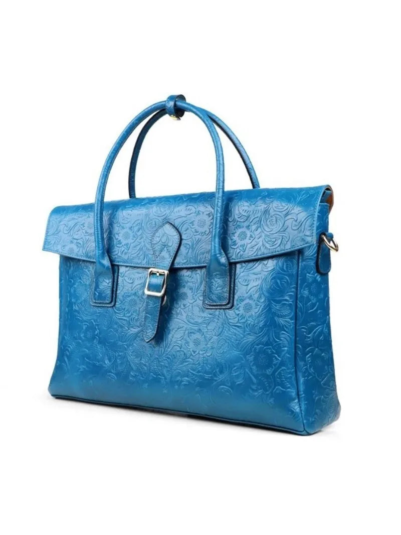 Vintage flower carved leather bag single shoulder briefcase & business satchel