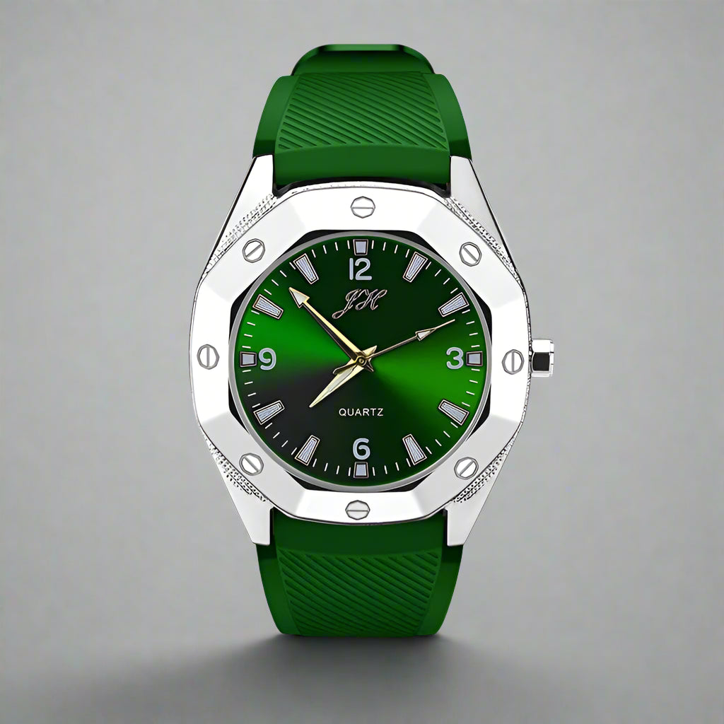 Green watch with a silver bezel on a white background
