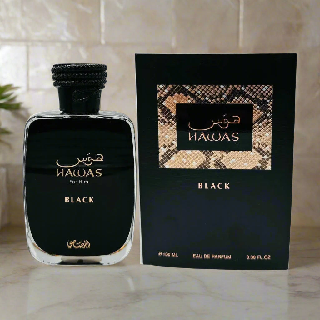 Hawas Black perfume bottle and packaging on a white background