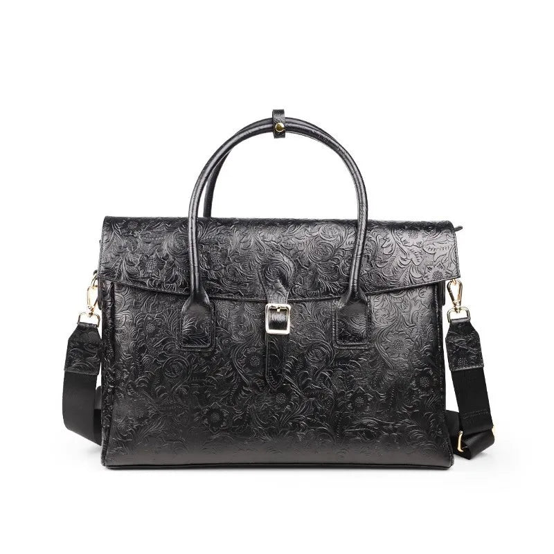 Vintage flower carved leather bag single shoulder briefcase & business satchel