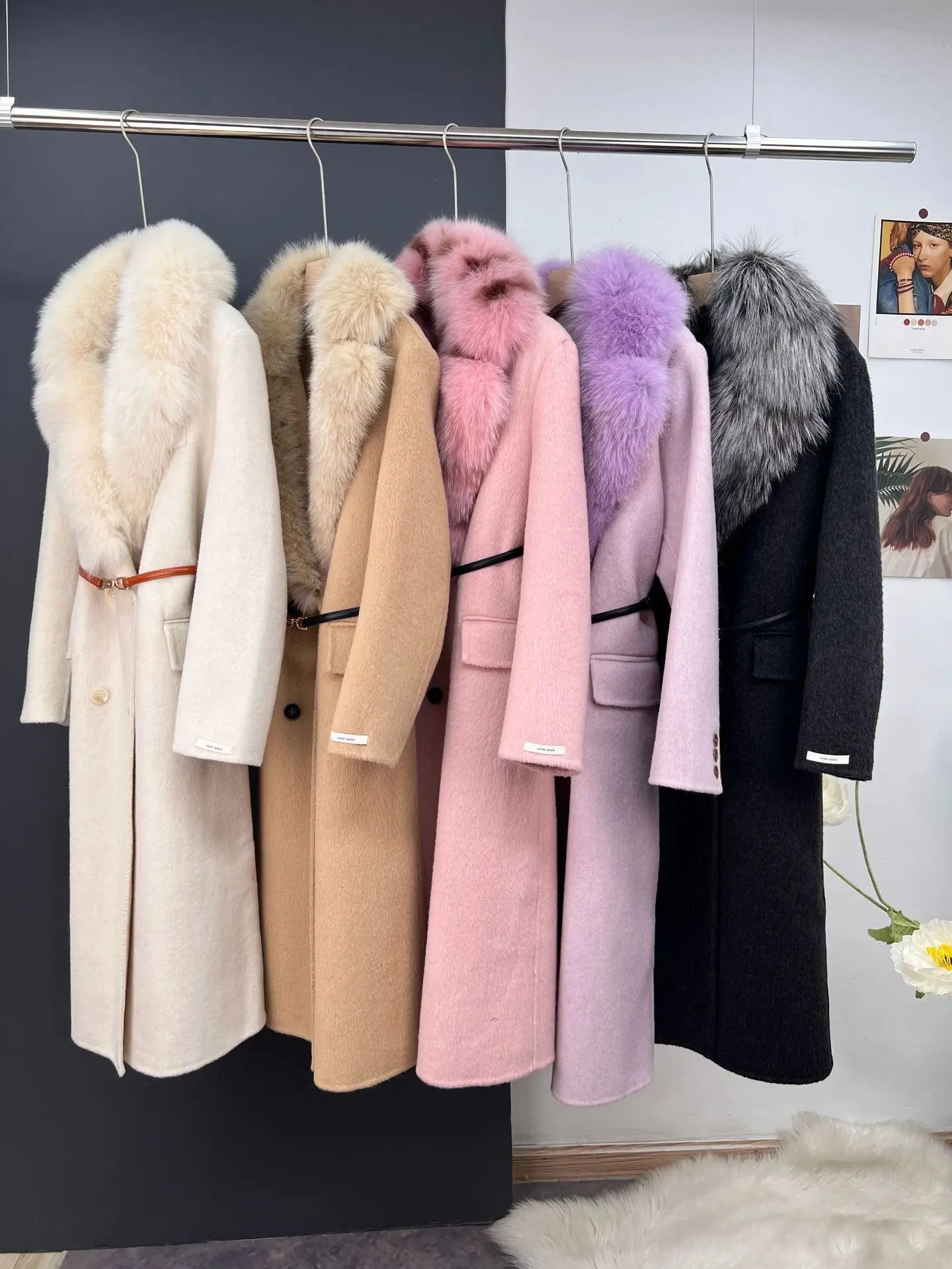 women's luxury wool coat long patchwork design with detachable fox fur