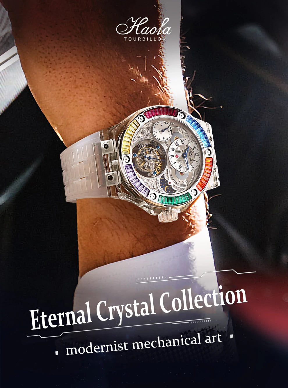 Haofa k9 watermelon crystal watch luxury skeleton tourbillon watch with sapphire glass