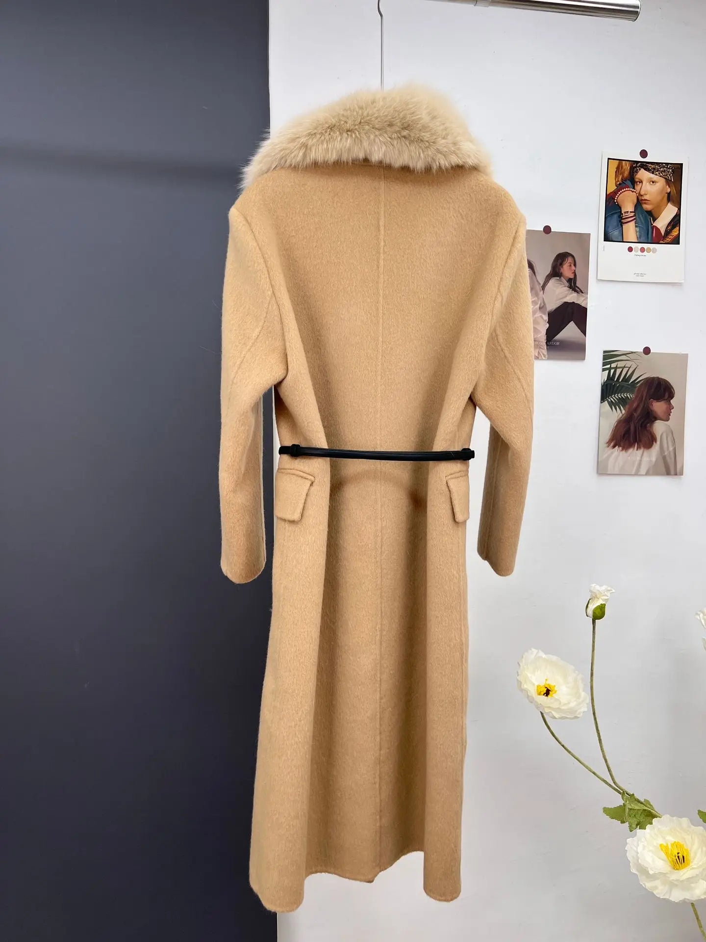 women's luxury wool coat long patchwork design with detachable fox fur