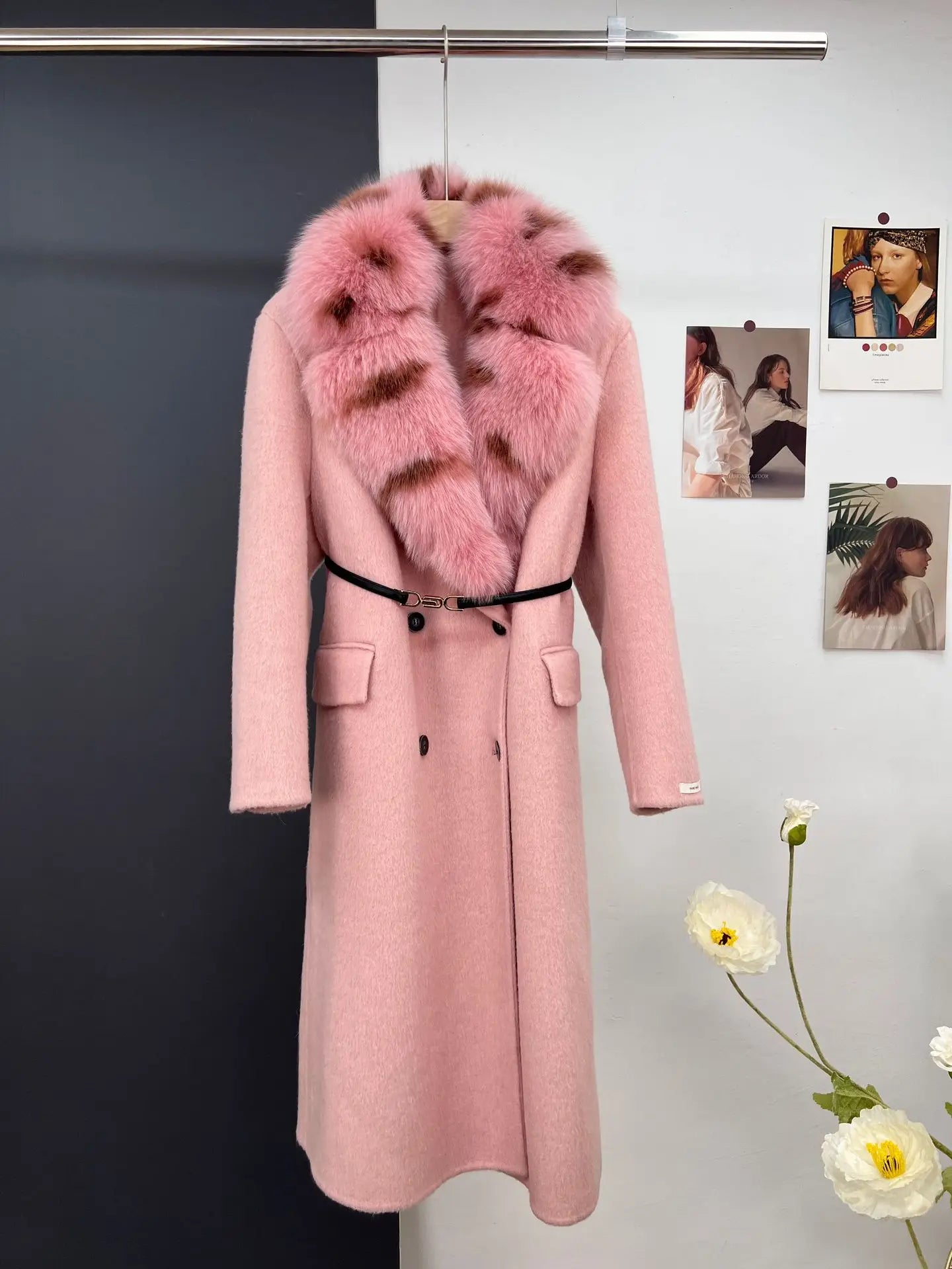 women's luxury wool coat long patchwork design with detachable fox fur