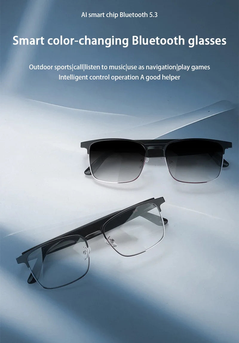 Smart color-changing Bluetooth glasses on a light blue background with text about features.