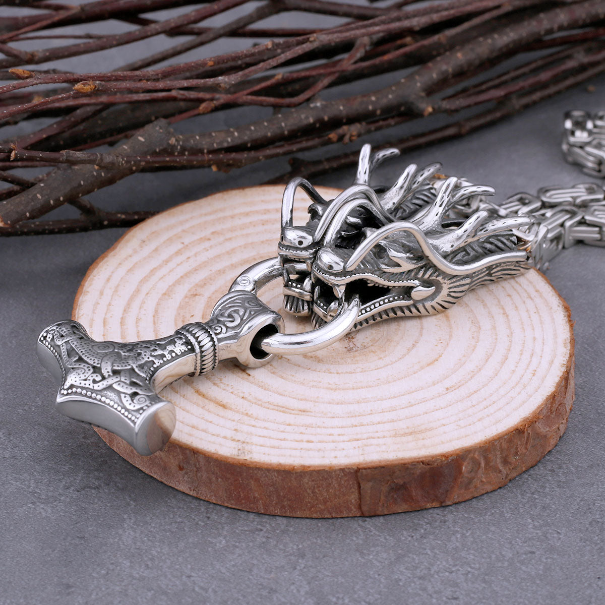 Vintage viking pendant thor hammer amulet necklace steel dragon design