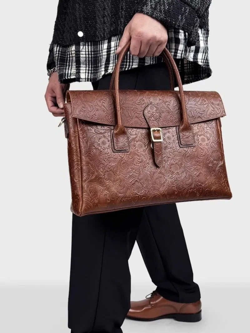 Vintage flower carved leather bag single shoulder briefcase & business satchel