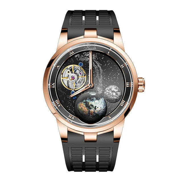 Haoda Tourbillon watch with black and rose gold design on a white background