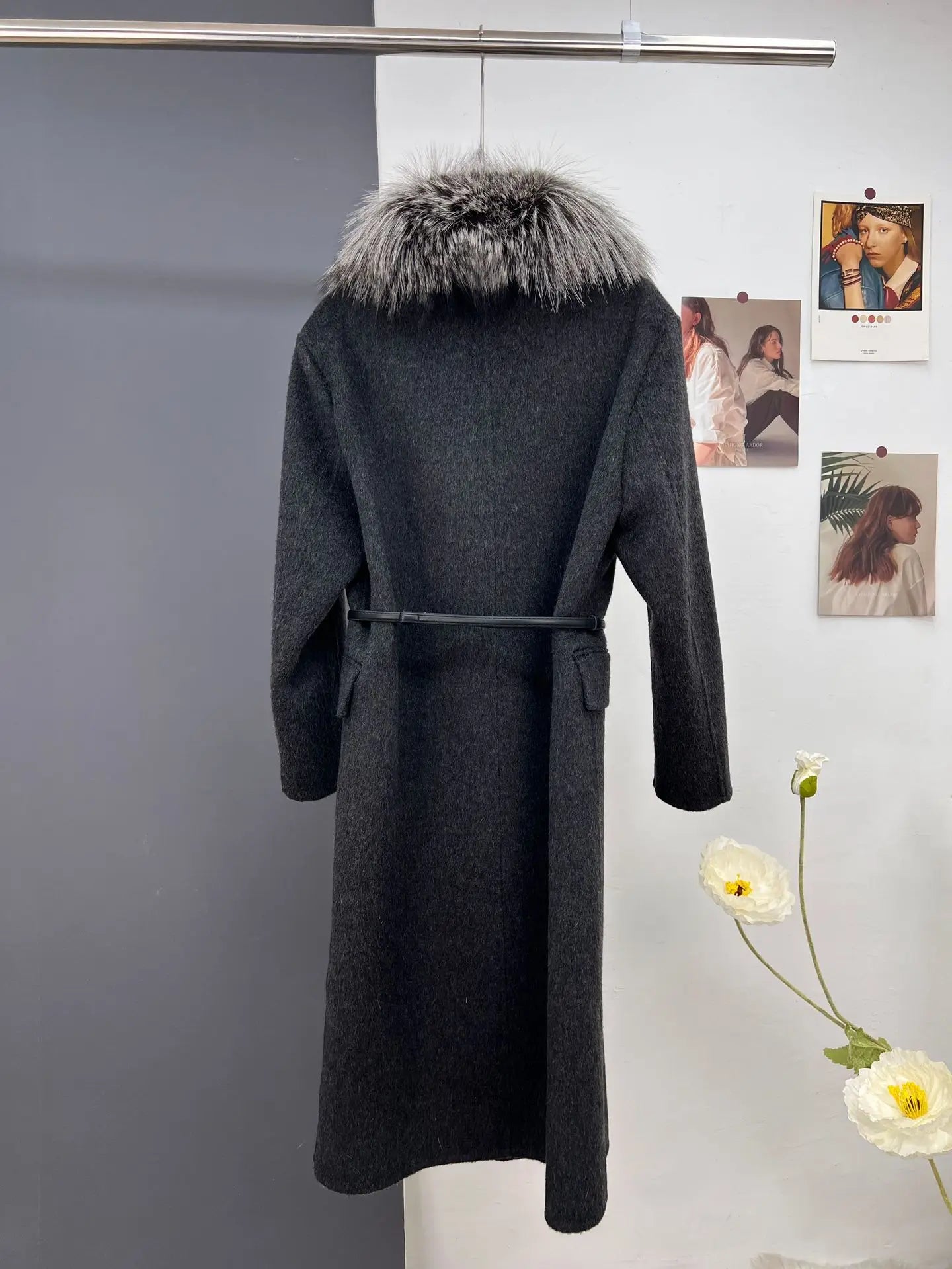 women's luxury wool coat long patchwork design with detachable fox fur