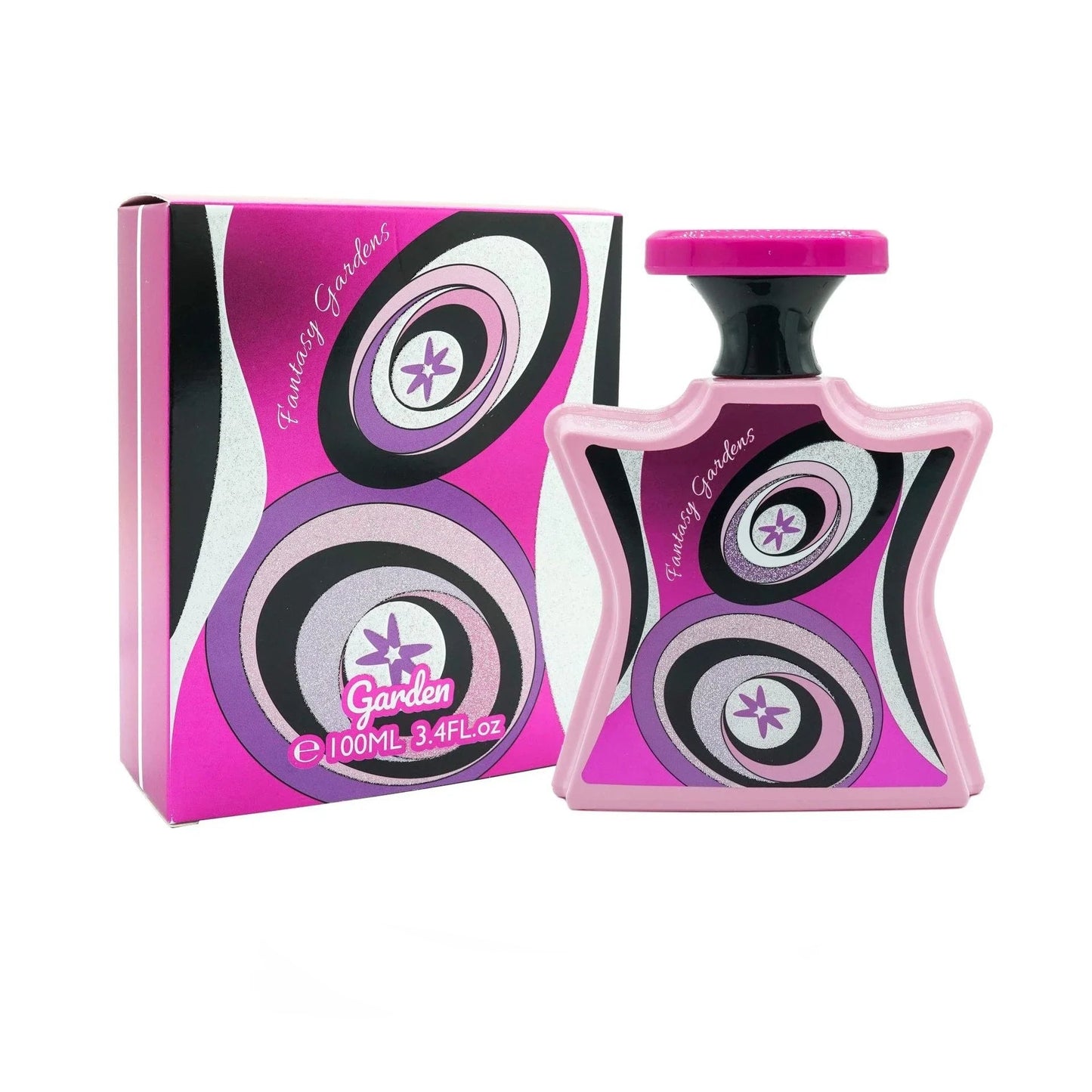 Perfume bottle and packaging with pink and black design on a white background