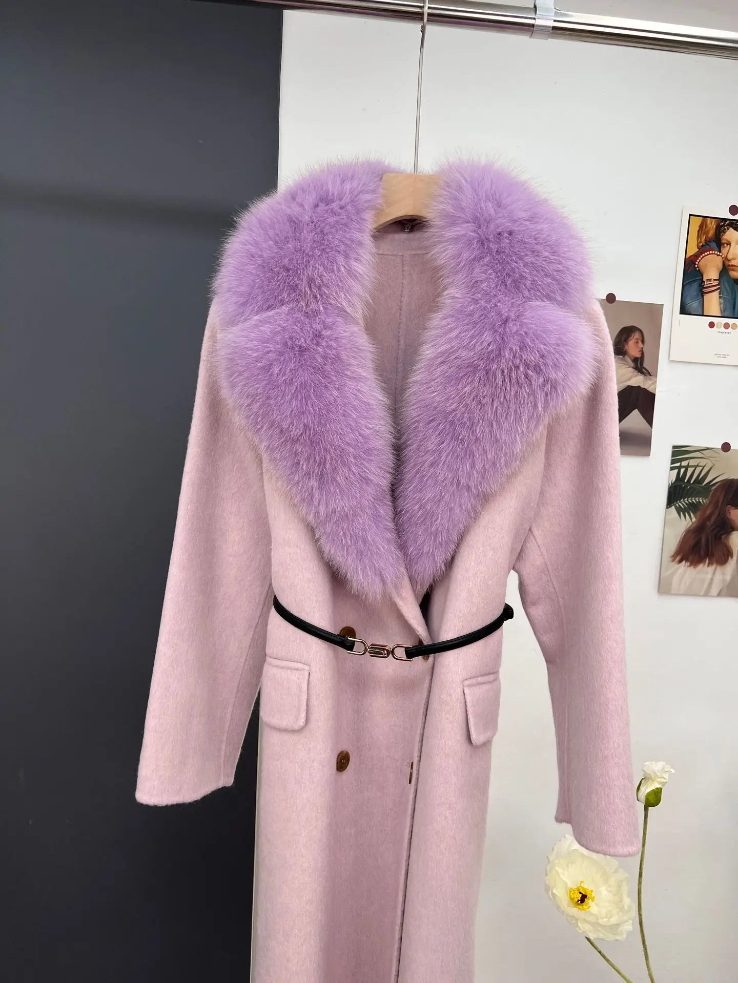 women's luxury wool coat long patchwork design with detachable fox fur