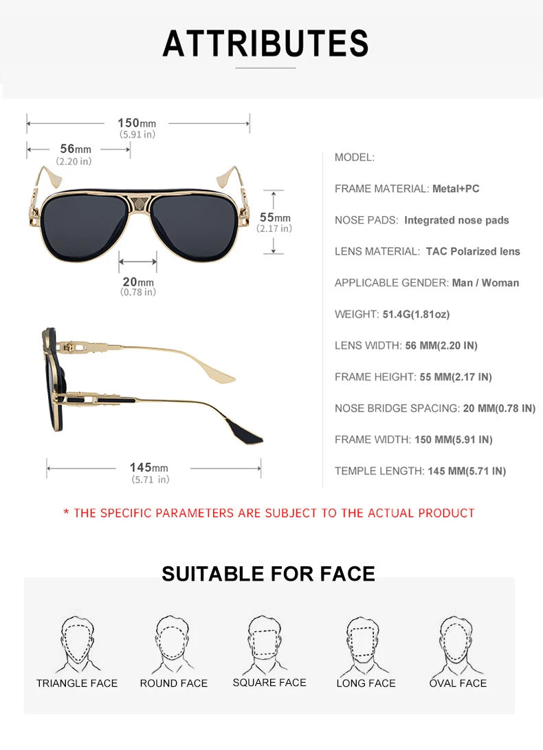 Sunglasses with detailed specifications on a white background