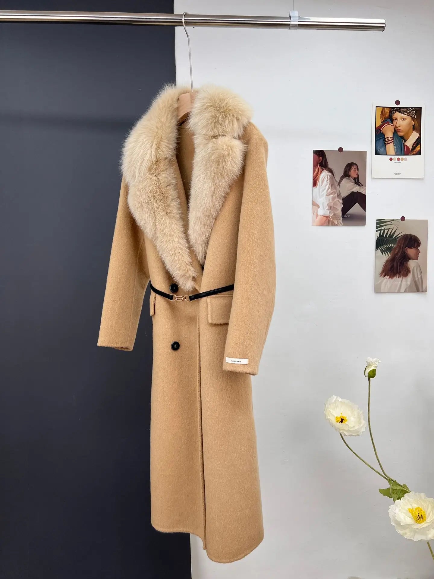 women's luxury wool coat long patchwork design with detachable fox fur