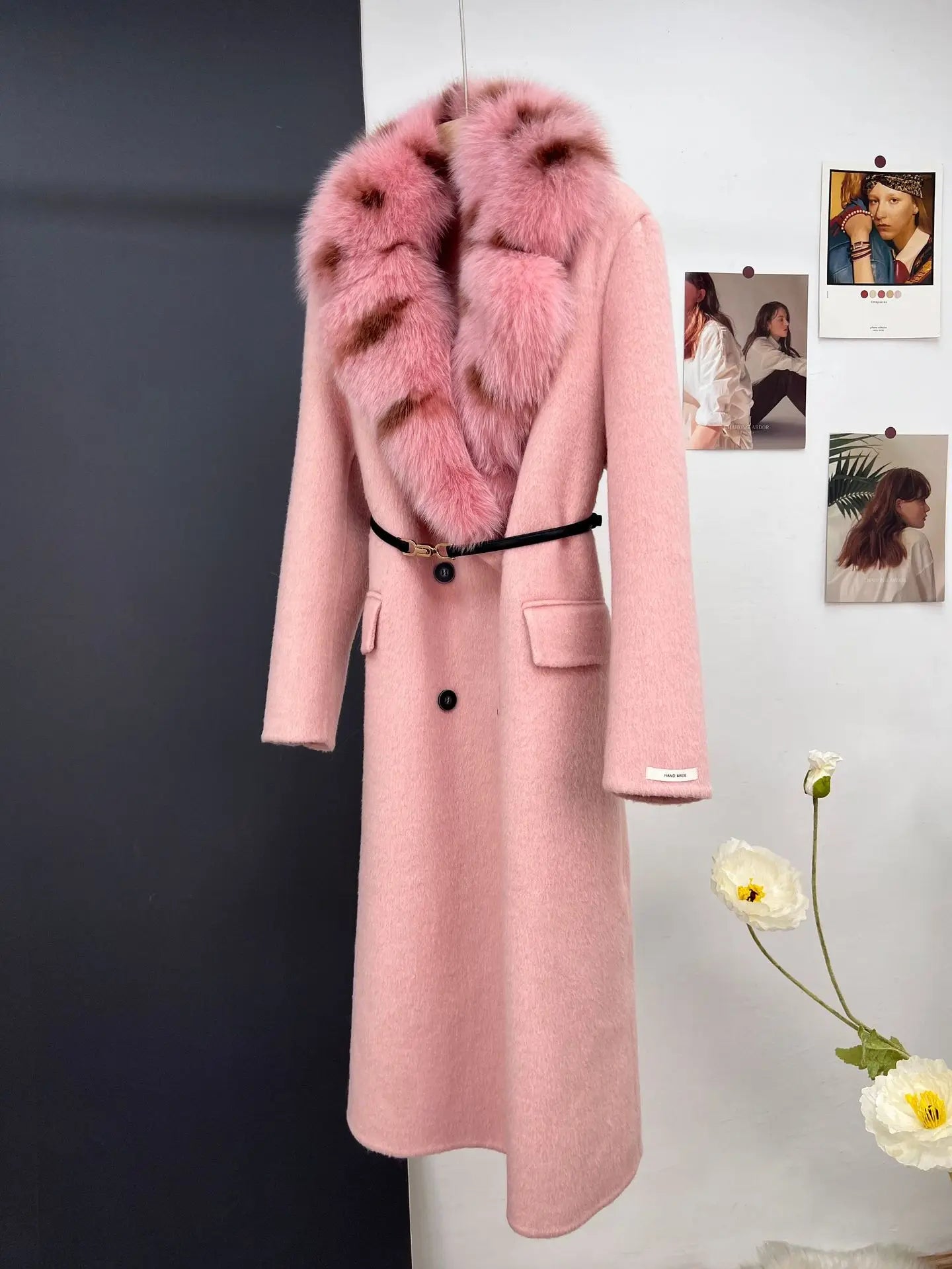 women's luxury wool coat long patchwork design with detachable fox fur