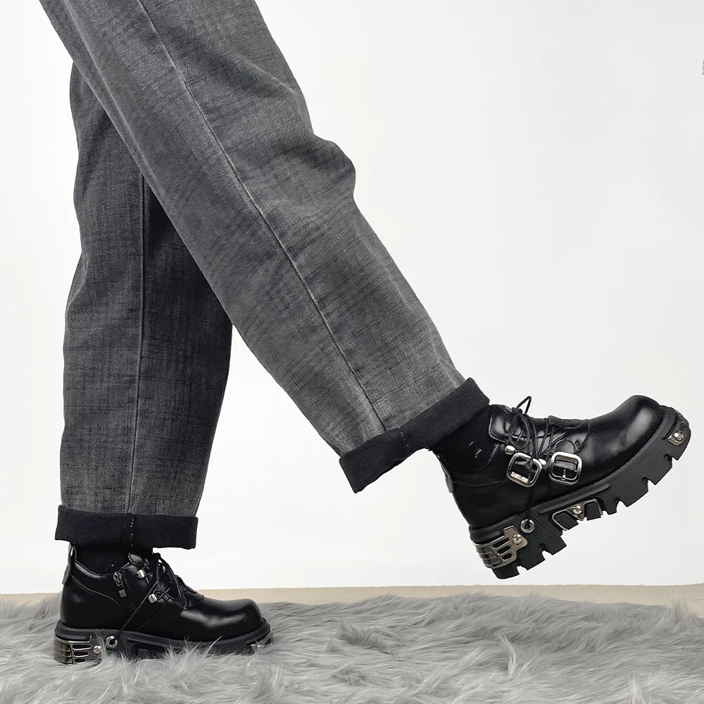 Dark punk style boots leather metal niche street style