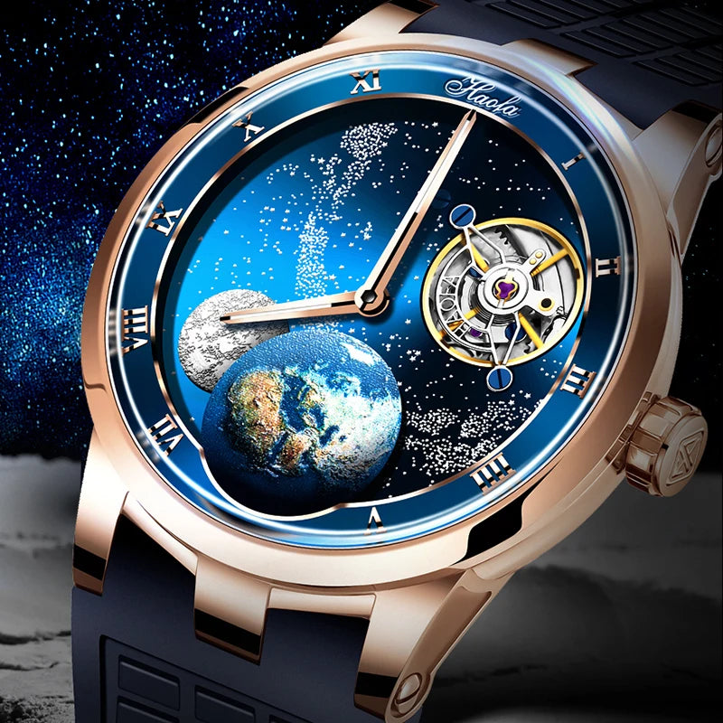 Luxury watch with space-themed design on a dark background