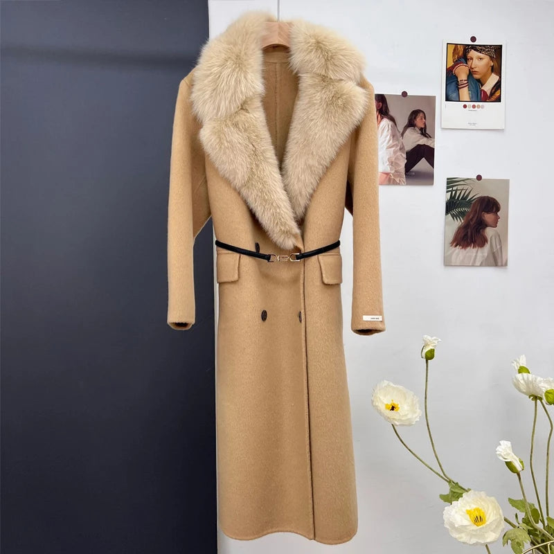 women's luxury wool coat long patchwork design with detachable fox fur