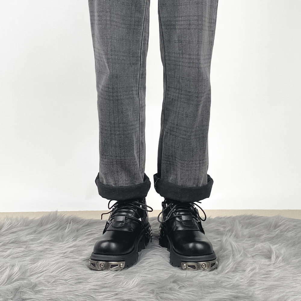 Dark punk style boots leather metal niche street style