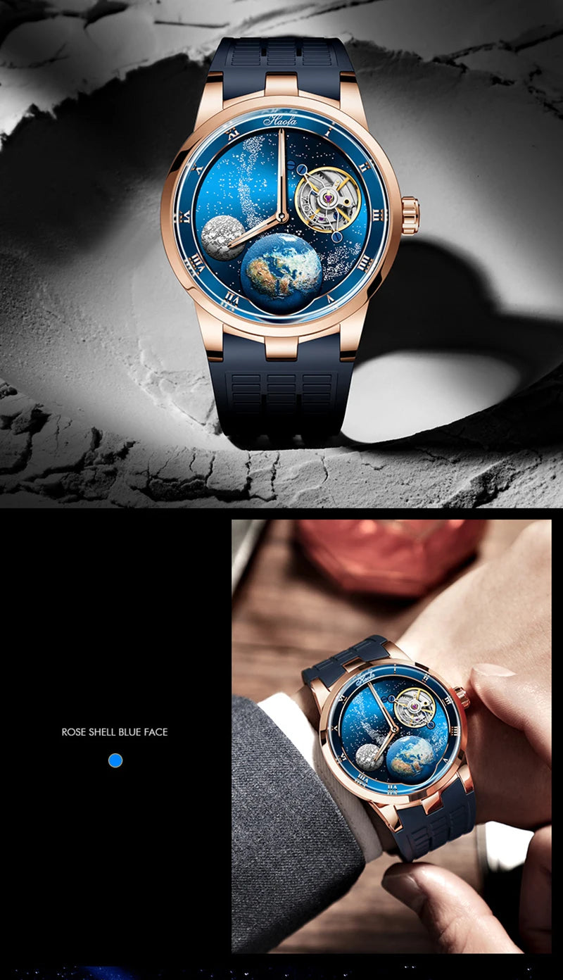 Luxury watch with blue face and rose gold case on a dark background
