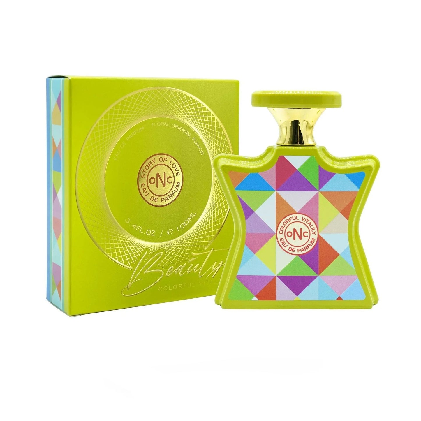 Perfume bottle and packaging with geometric design on a white background