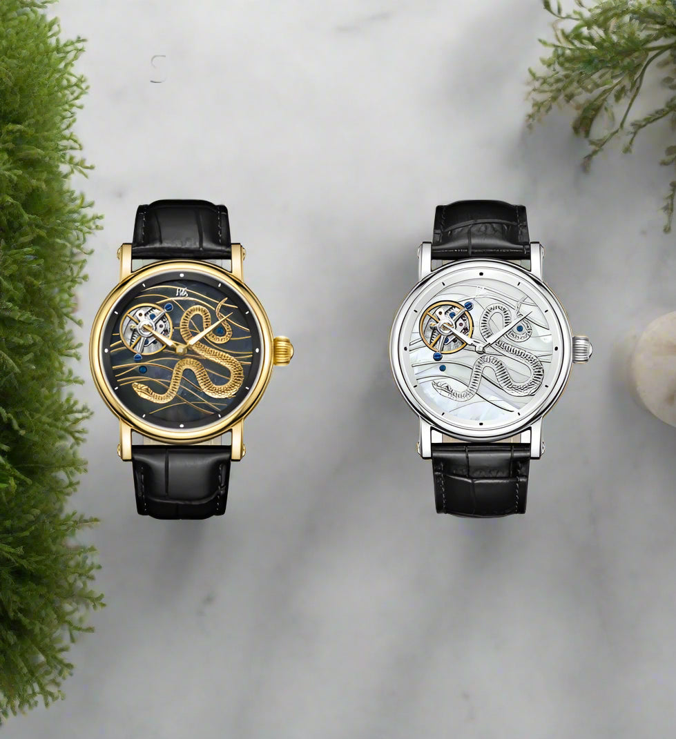 Two watches with different designs on a white background
