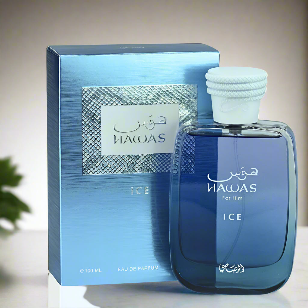 Blue HAWAS perfume bottle and packaging on a white background