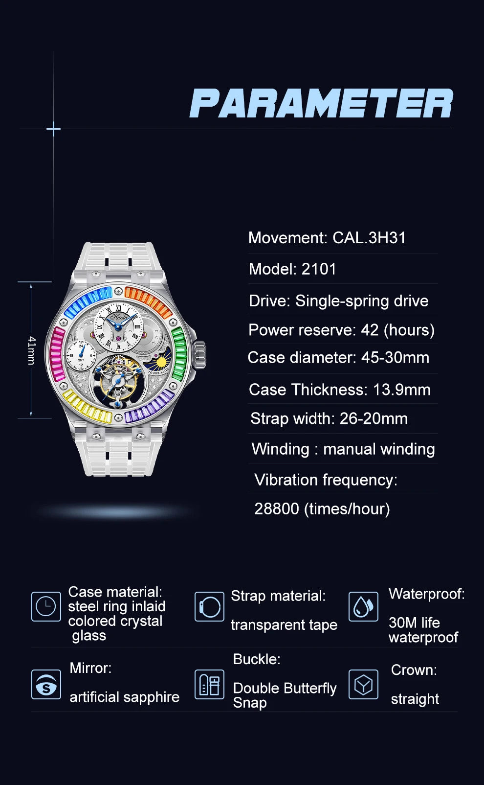Haofa k9 watermelon crystal watch luxury skeleton tourbillon watch with sapphire glass