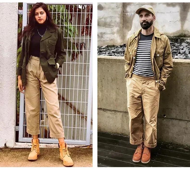 Two people wearing Gurkha pants with text about vintage fashion brands.