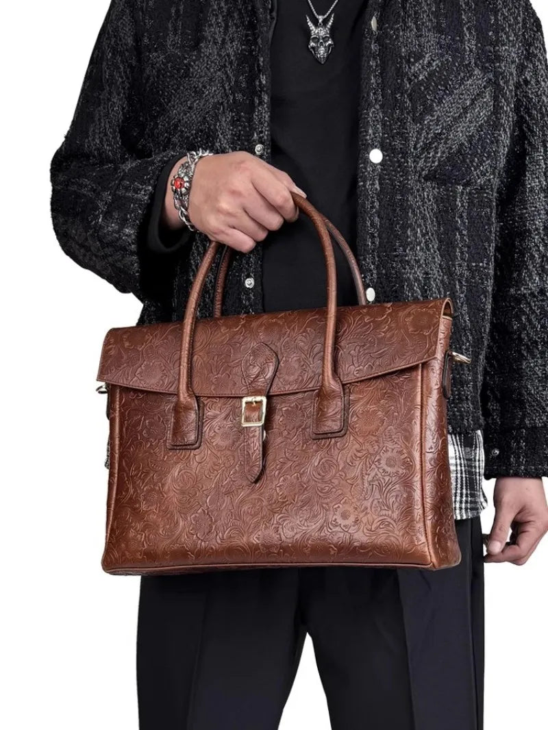Vintage flower carved leather bag single shoulder briefcase & business satchel