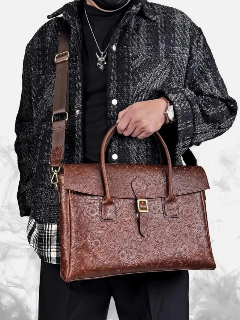 Vintage flower carved leather bag single shoulder briefcase & business satchel