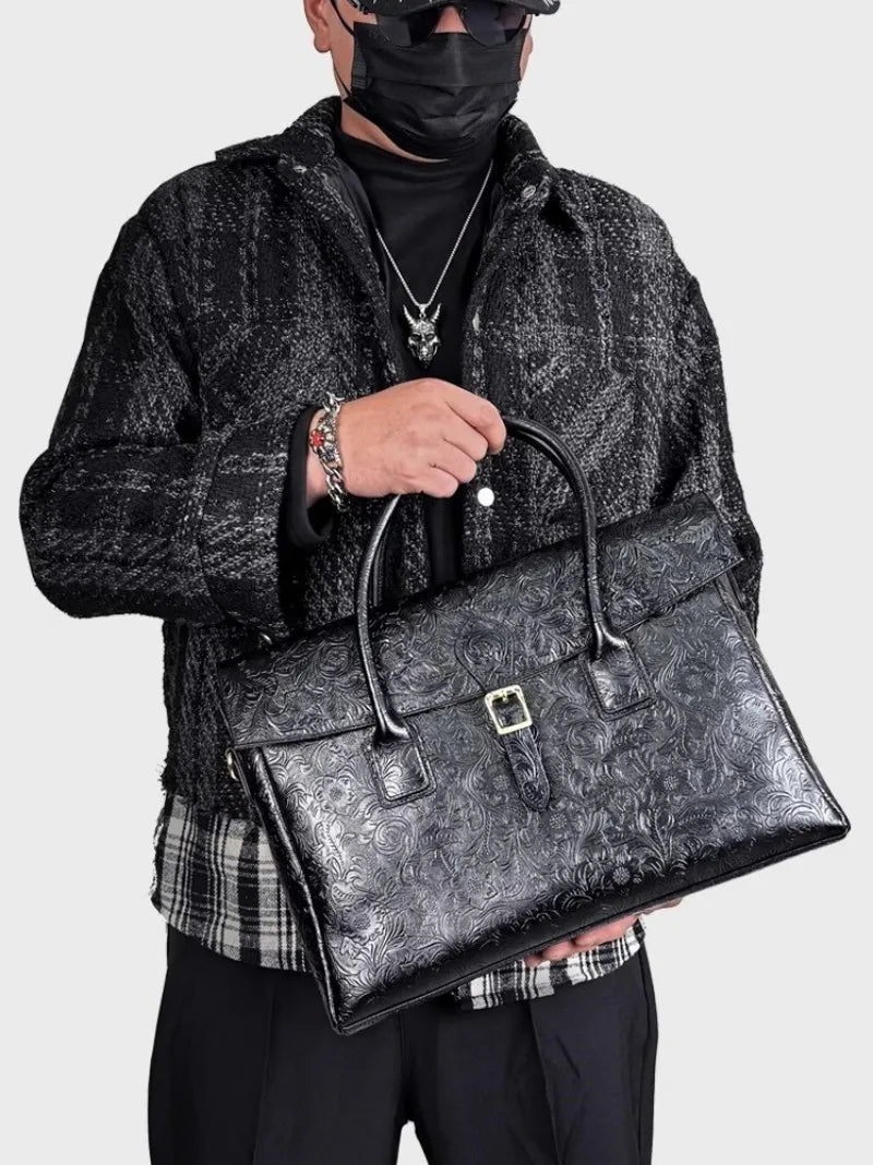 Vintage flower carved leather bag single shoulder briefcase & business satchel