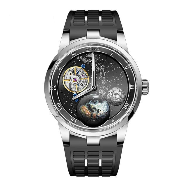Haola Tourbillon watch with detailed face and black strap on white background