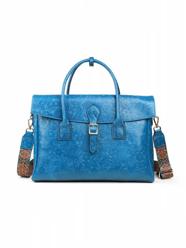 Vintage flower carved leather bag single shoulder briefcase & business satchel
