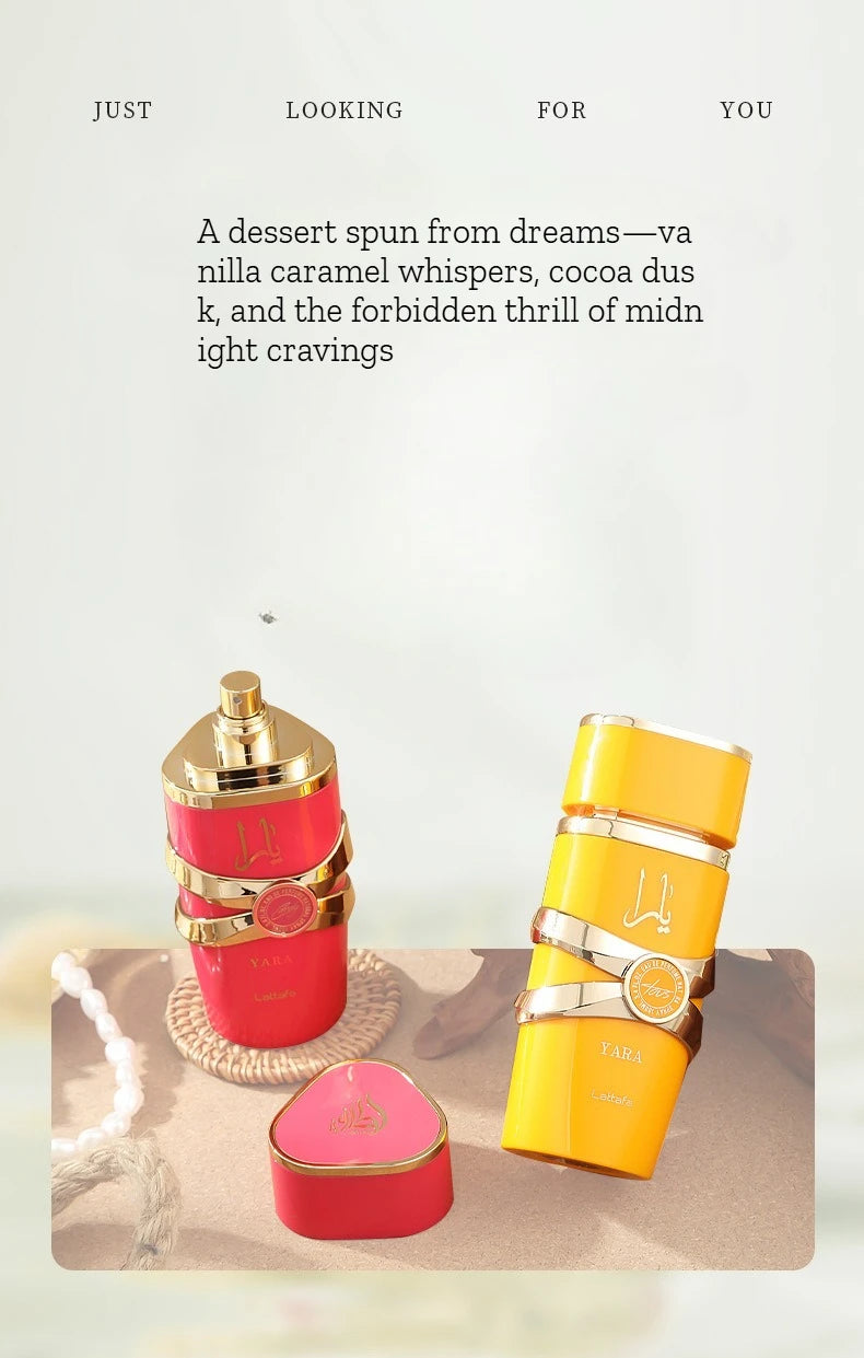 Two perfume bottles, one red and one yellow, on a light surface with text about vanilla caramel and cocoa.