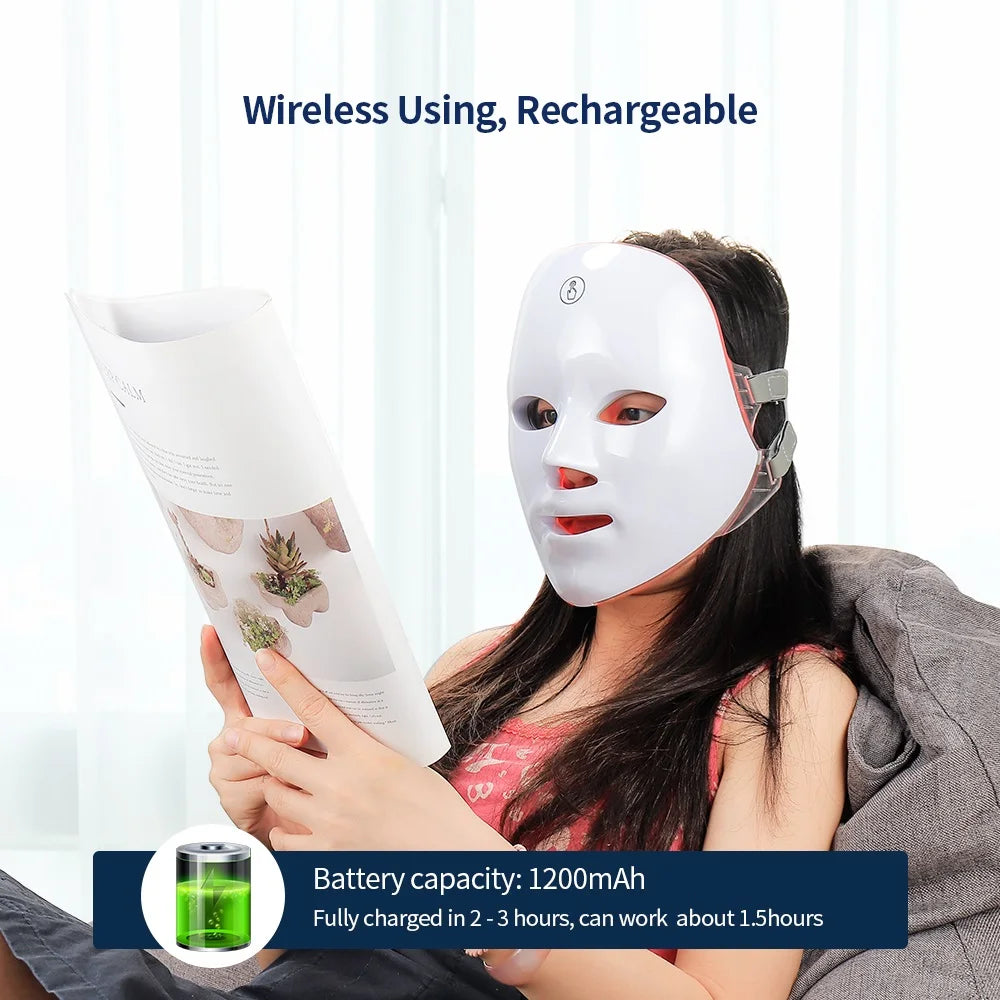 Chargeable 7 Color LED facial & neck light therapy mask anti lifting & whitening