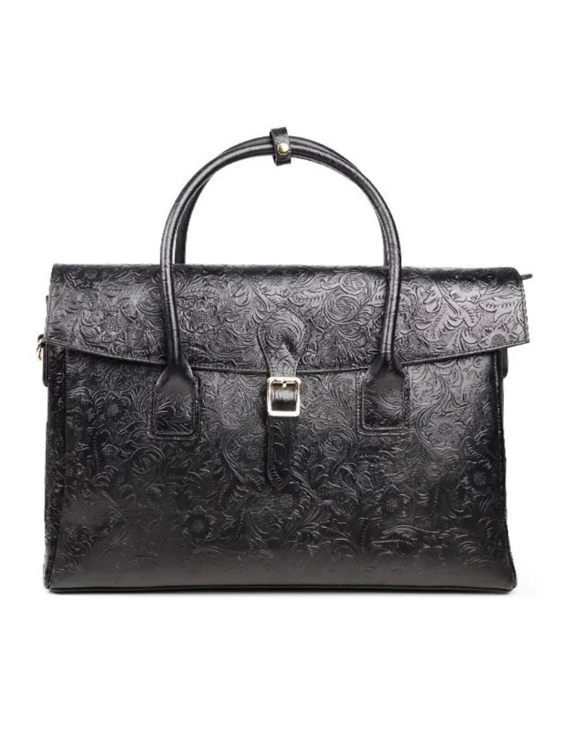Vintage flower carved leather bag single shoulder briefcase & business satchel