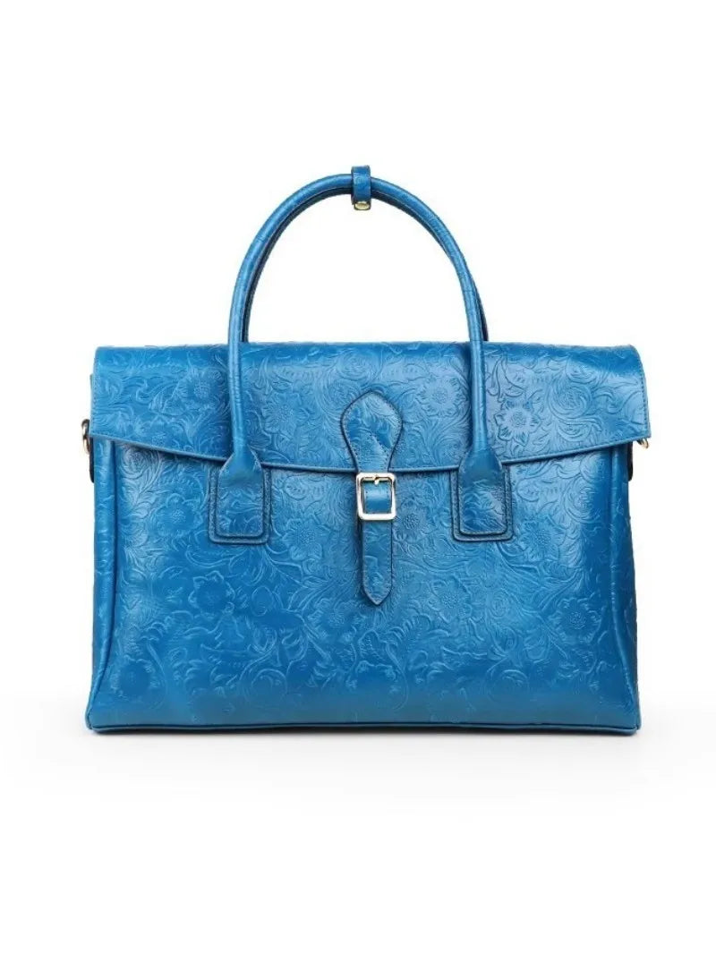 Vintage flower carved leather bag single shoulder briefcase & business satchel