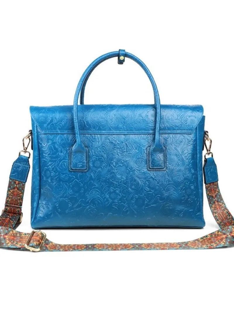 Vintage flower carved leather bag single shoulder briefcase & business satchel