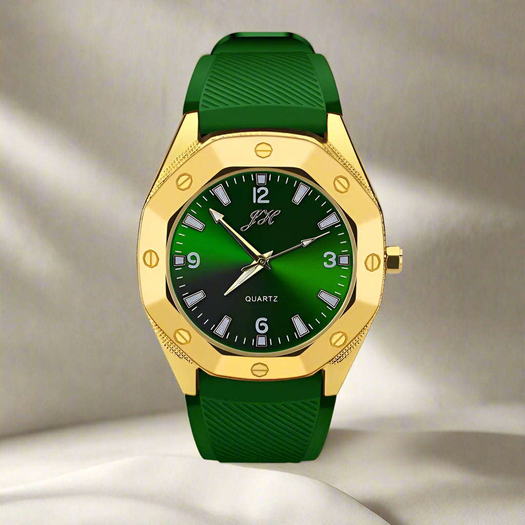 Green watch with gold case and green strap on a white background