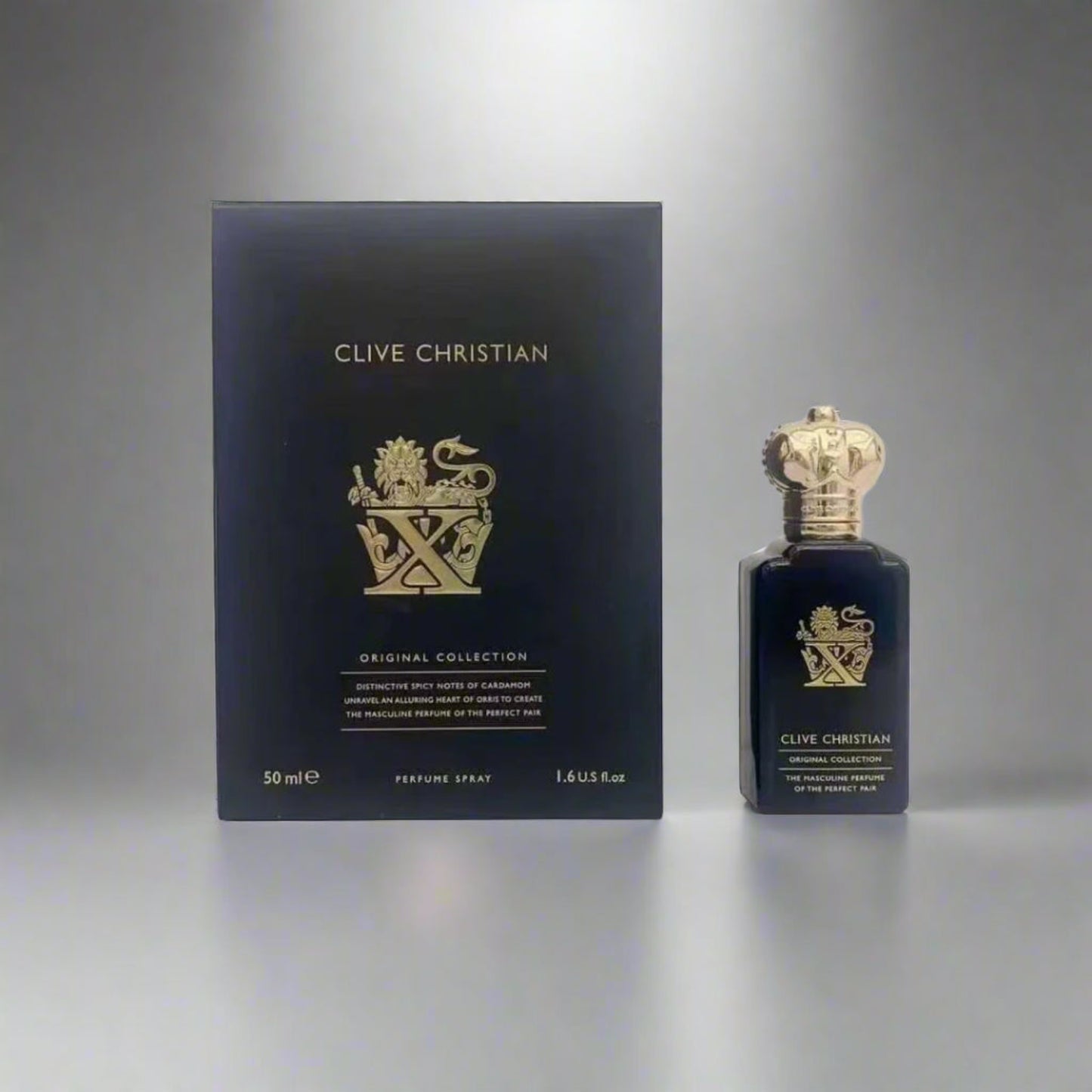 Clive Christian perfume bottle and packaging on a white background
