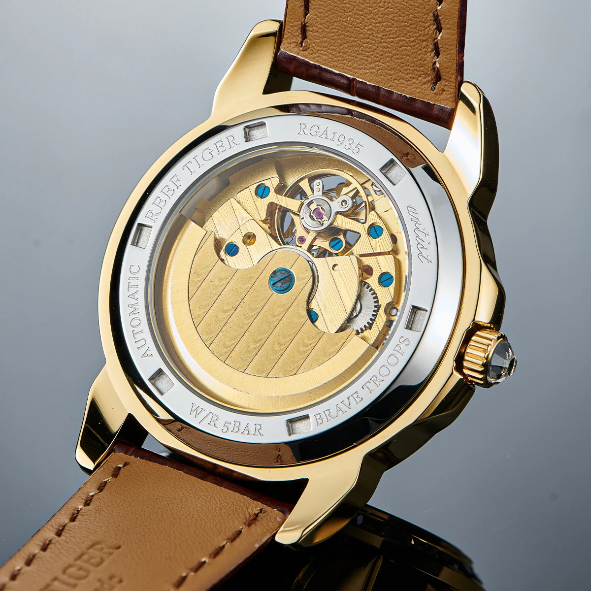 Reef tiger automatic watch rose gold pixiu dial diamond bezel leather strap