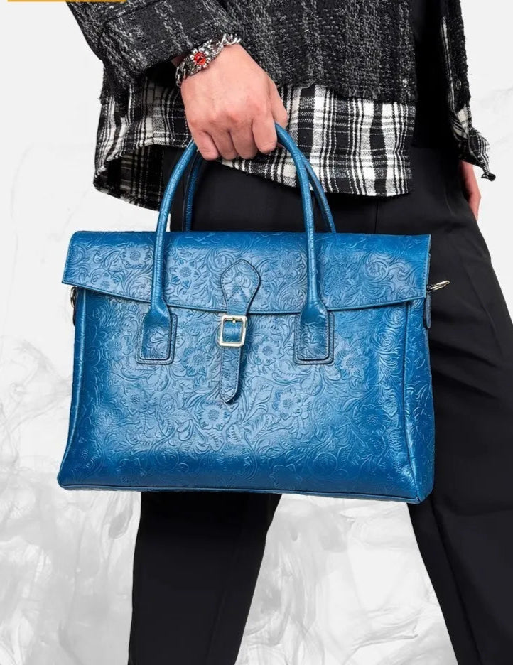 Vintage flower carved leather bag single shoulder briefcase & business satchel