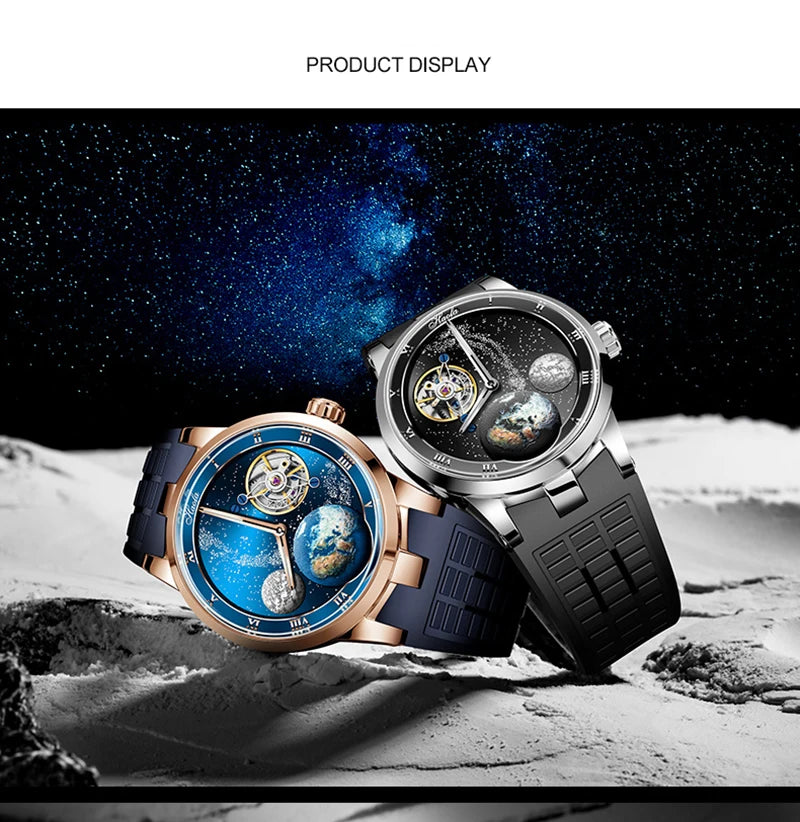 Two watches on a moon surface with a starry space background