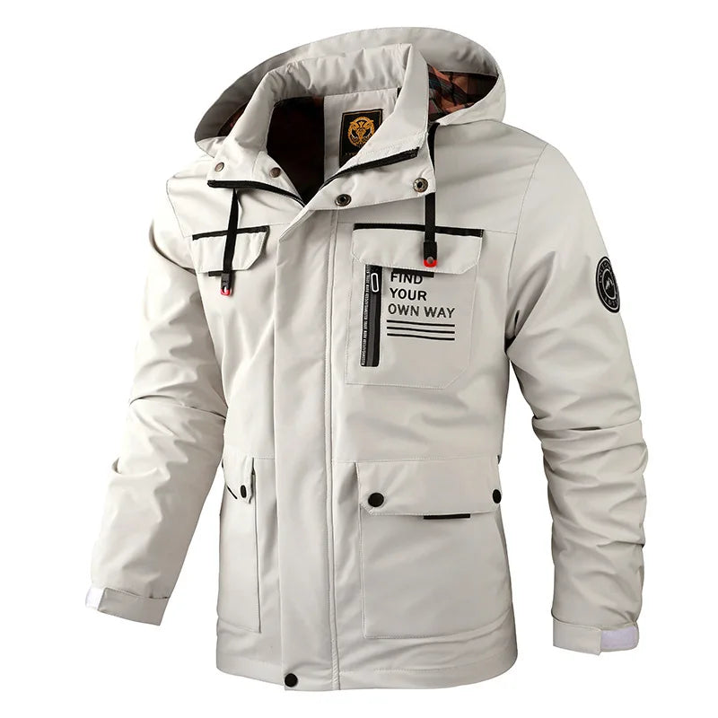 White jacket with black text and accents on a white background